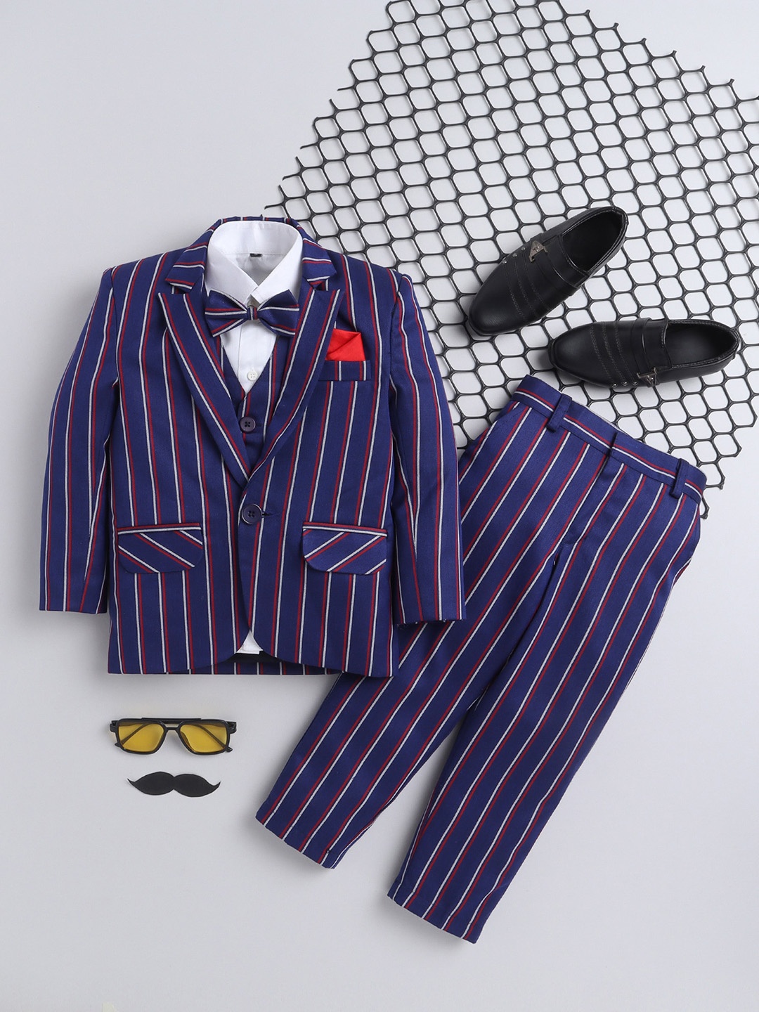 

BAESD Boys Striped Single-Breasted Cotton Silk Four-Piece Party Suit, Navy blue