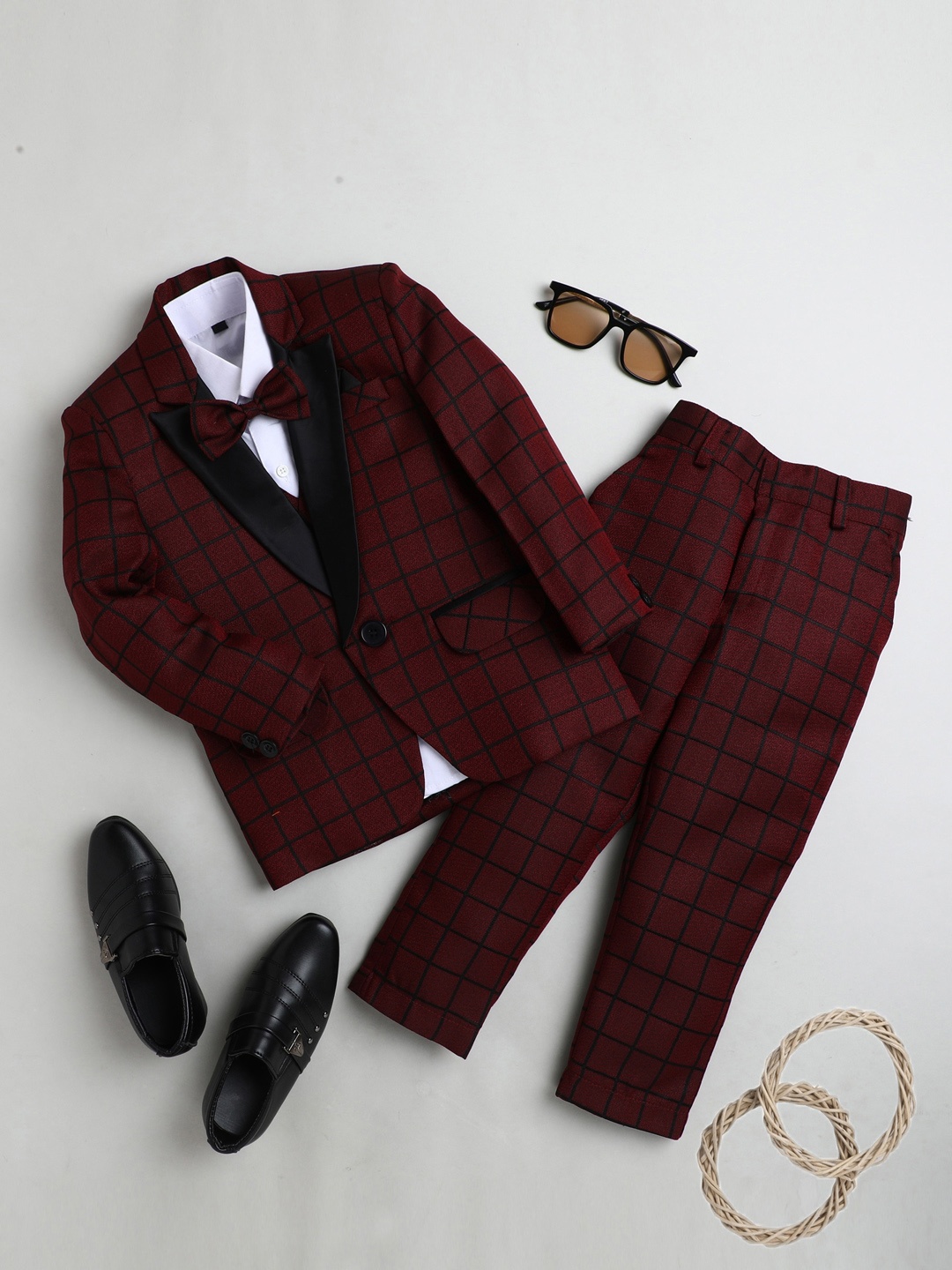 

BAESD Boys Checked Single-Breasted Cotton Silk Four-Piece Party Suit, Maroon