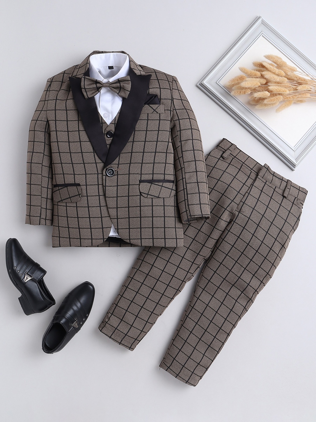 

BAESD Boys Checked Single-Breasted Cotton Silk Four-Piece Party Suit, Gold