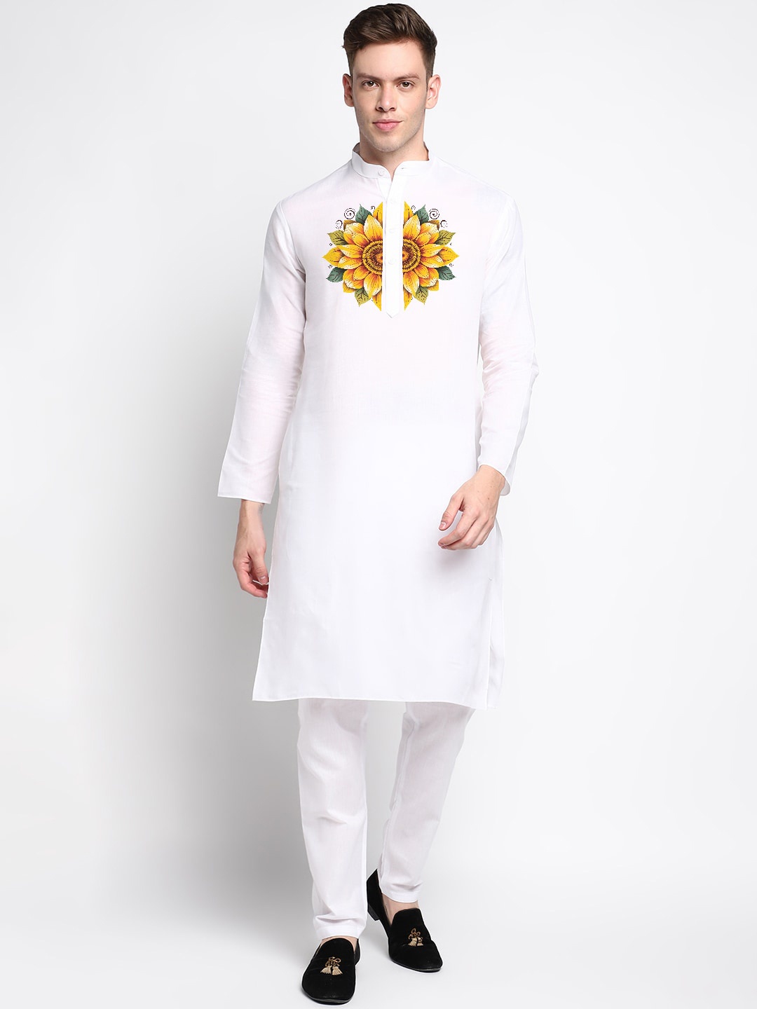 

DEVOILER Ethnic Motifs Digital Printed Band Collar Long Sleeves Straight Kurta, White