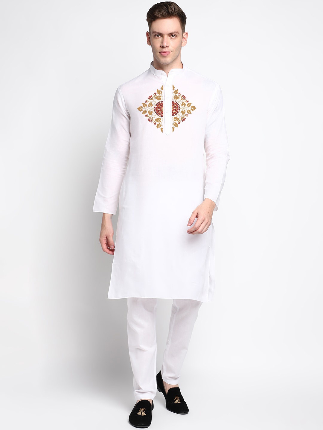 

DEVOILER Floral Printed Band Collar Cotton Straight Kurta, White