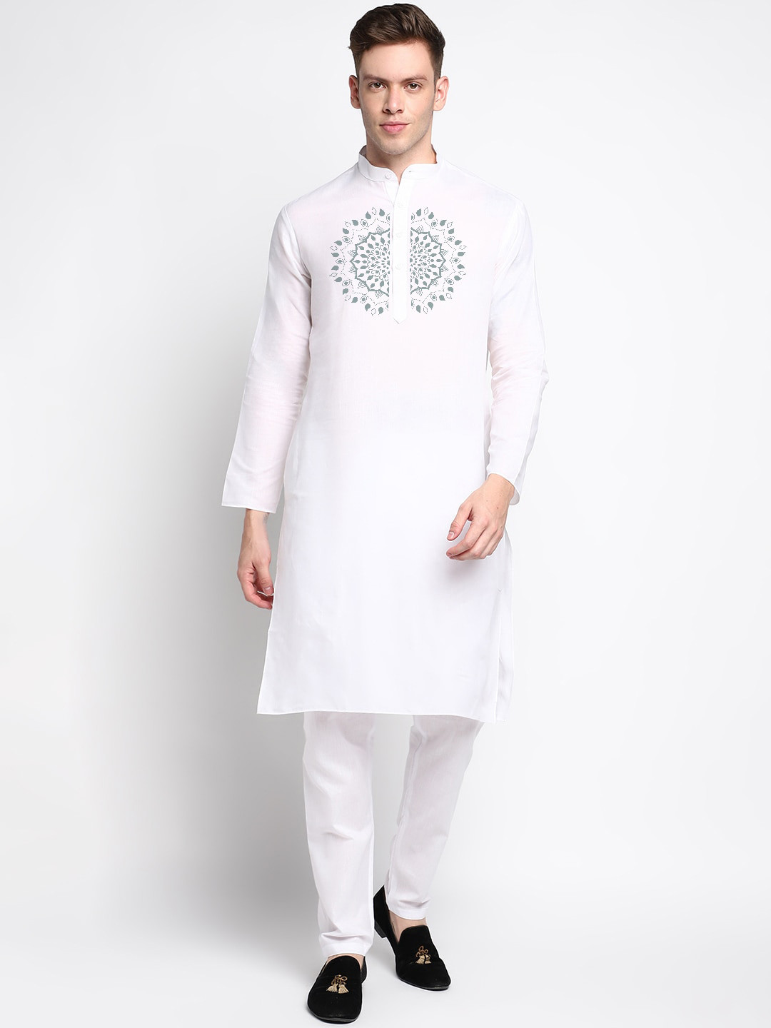 

DEVOILER Ethnic Motifs Printed Band Collar Cotton Straight Kurta, White