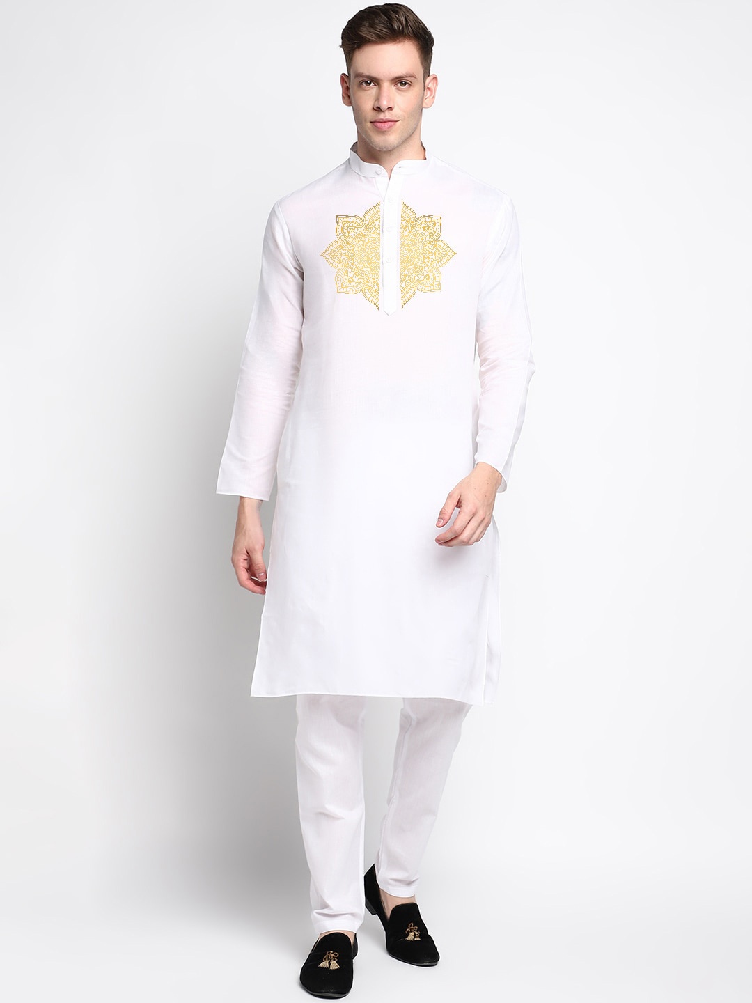 

DEVOILER Ethnic Motifs Printed Band Collar Straight Kurta With Pyjama, White