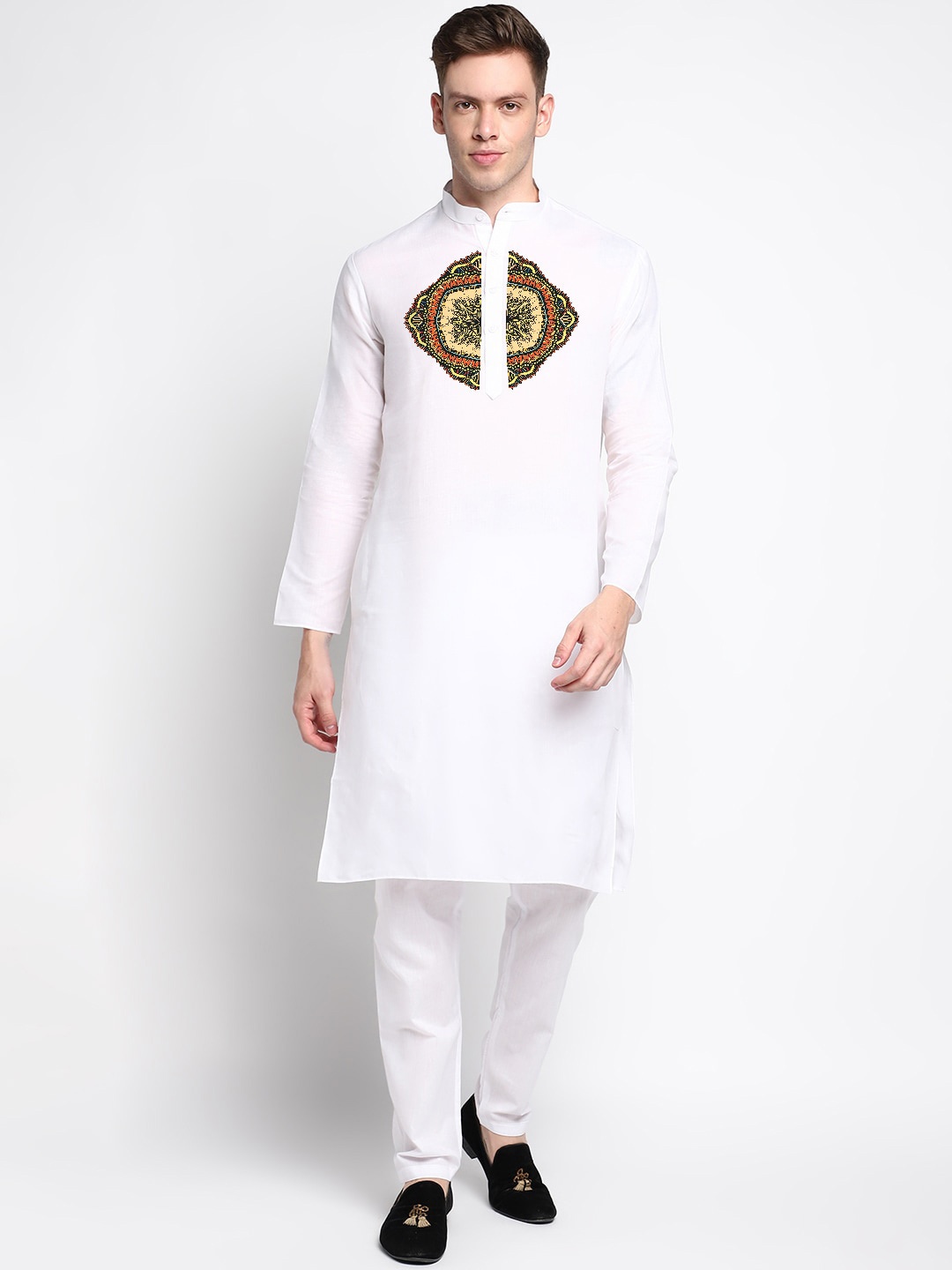 

DEVOILER Ethnic Motifs Printed Band Collar Kurta with Pyjamas, White