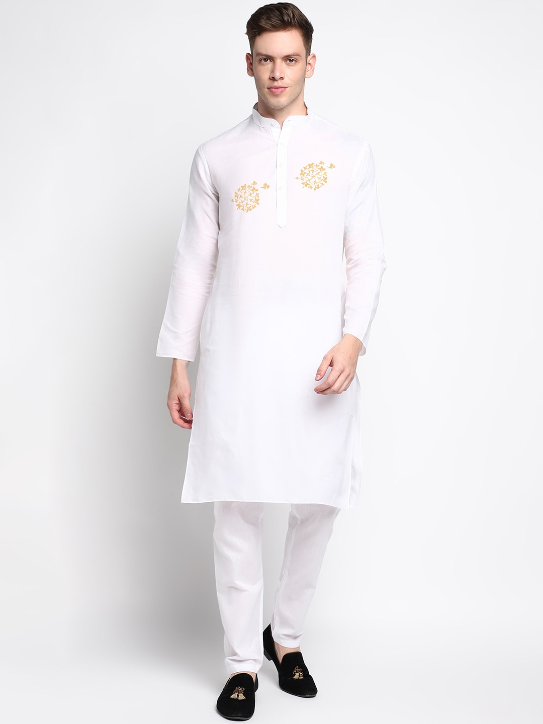 

DEVOILER Ethnic Motifs Printed Band Collar Kurta With Pyjamas, White