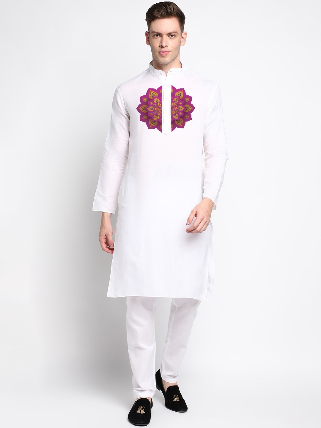 

DEVOILER Ethnic Motifs Printed Band Collar Straight Kurta with Pyjamas, White