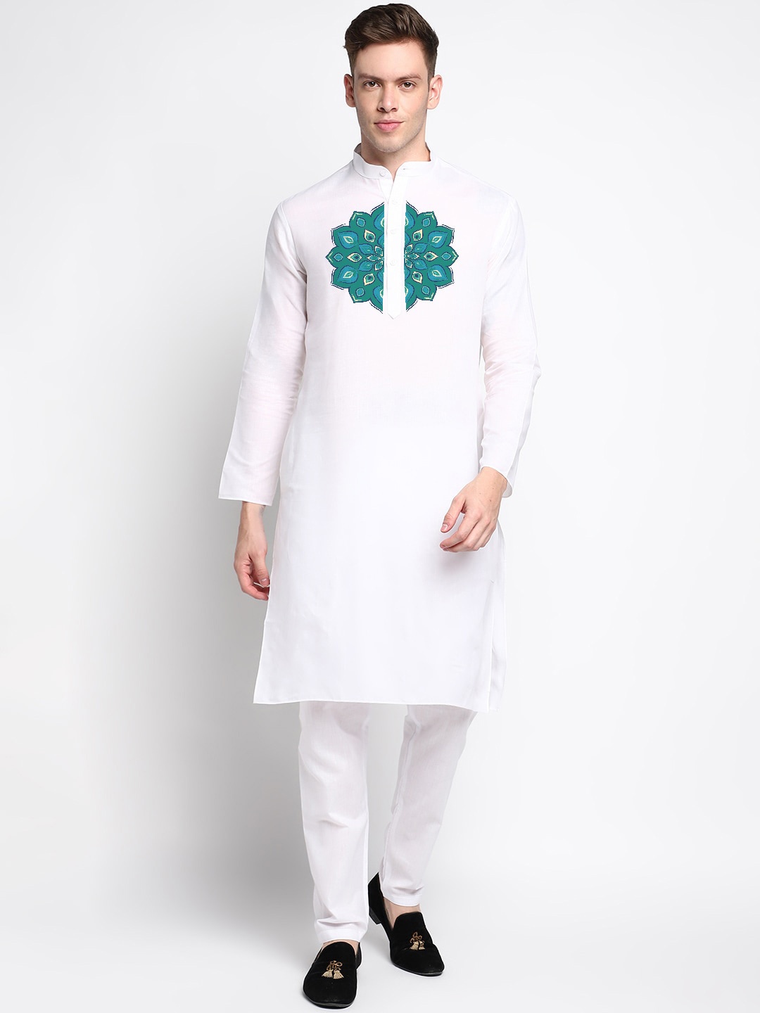 

DEVOILER Ethnic Motifs Printed Band Collar Straight Kurta with Pyjamas, White