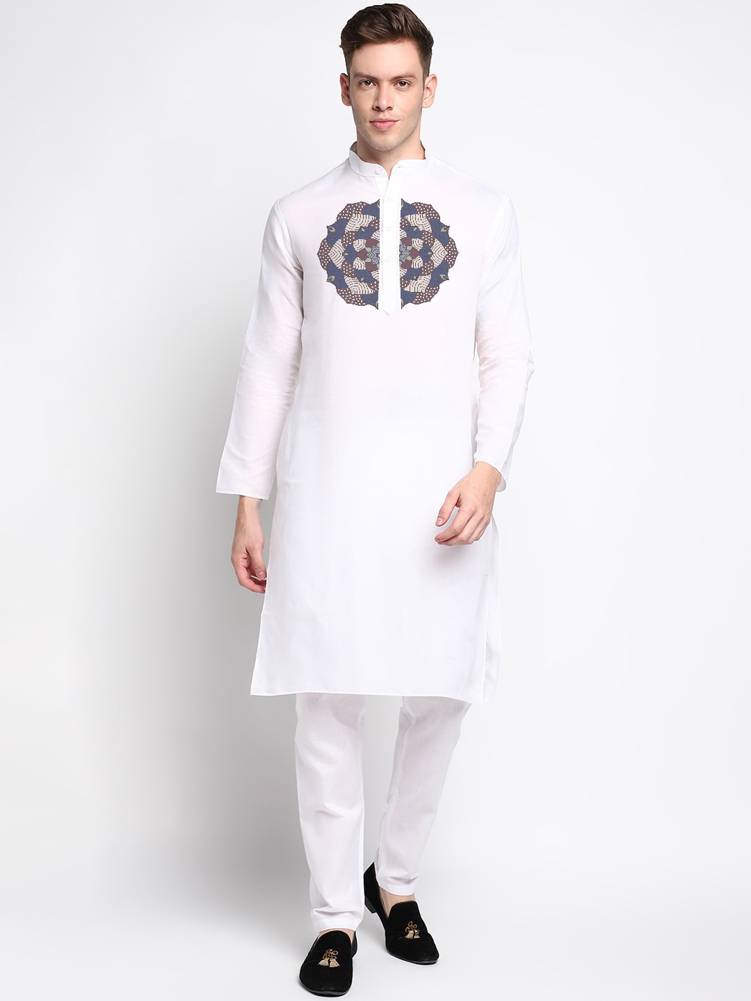 

DEVOILER Ethnic Motifs Printed Band Collar Straight Kurta with Pyjama, White
