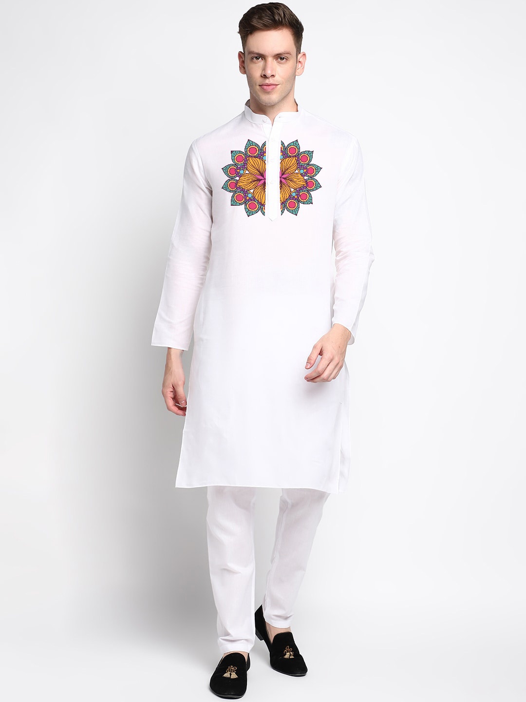 

DEVOILER Ethnic Motifs Printed Band Collar Straight Kurta with Pyjama, White