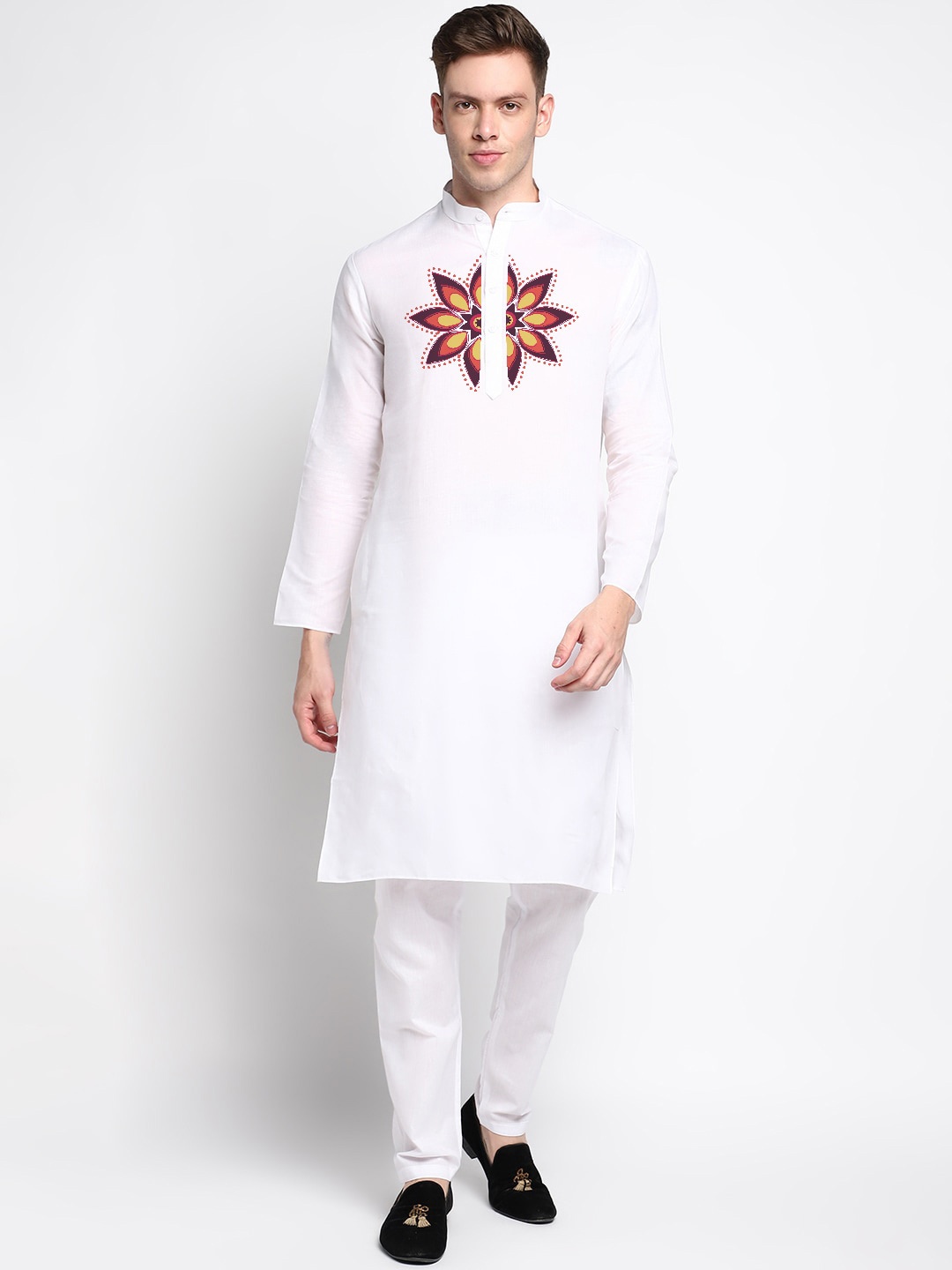 

DEVOILER Ethnic Motifs Printed Mandarin Collar Regular Kurta with Pyjamas, White