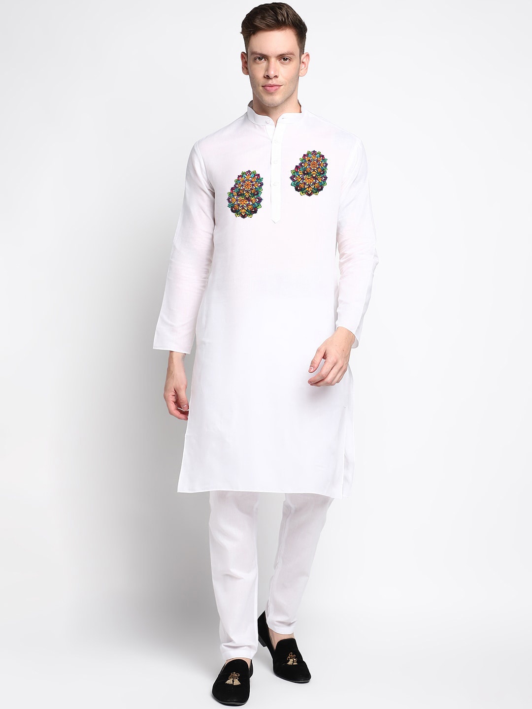 

DEVOILER Ethnic Motifs Printed Mandarin Collar Regular Kurta with Pyjamas, White