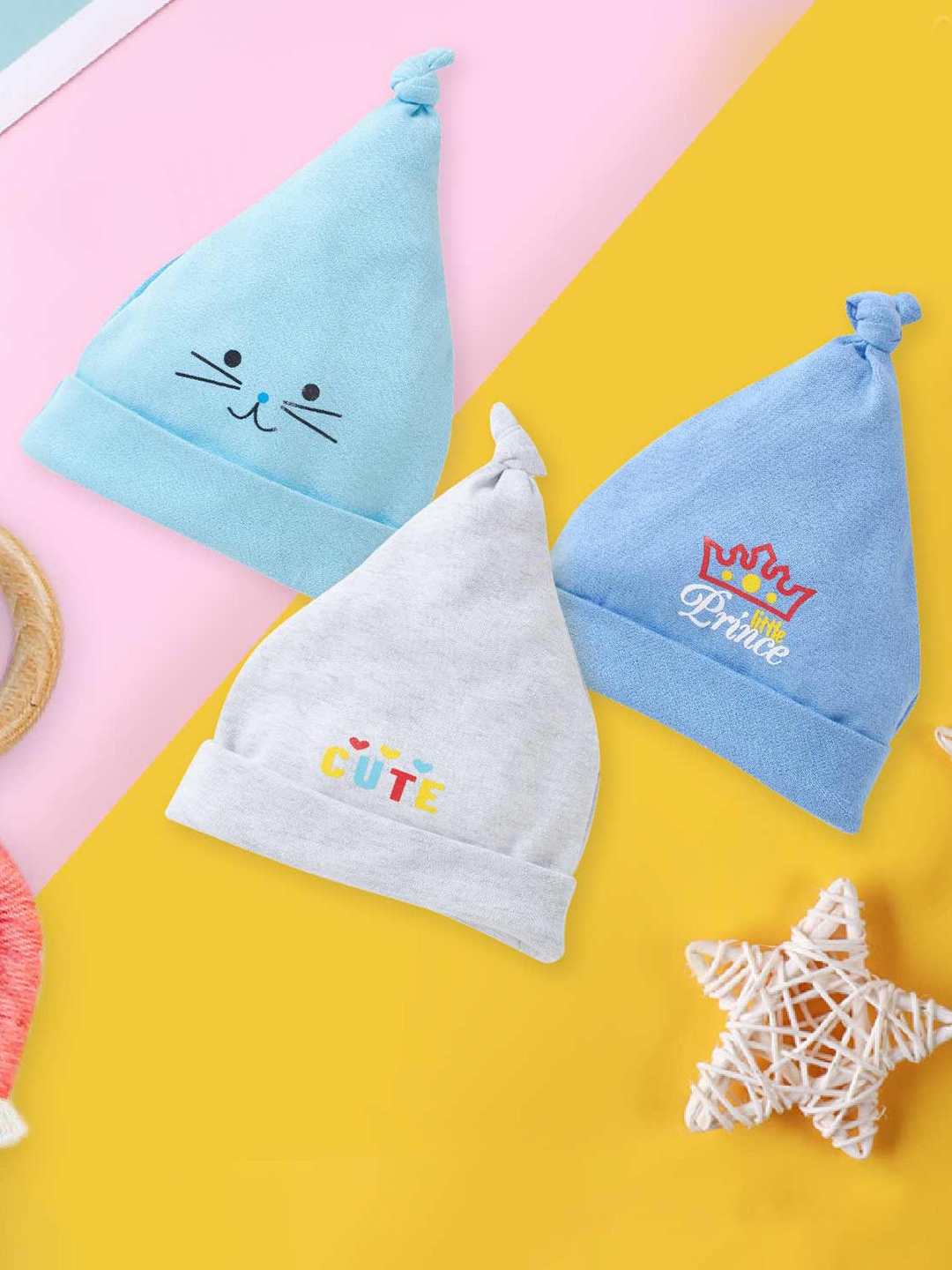 

Babywish Kids Pack Of 3 Printed Cotton Beanie, Blue