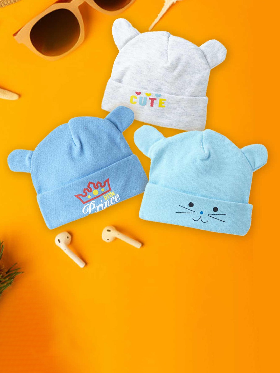 

Babywish Infants Pack Of 3 Printed Pure Cotton Beanie, Blue