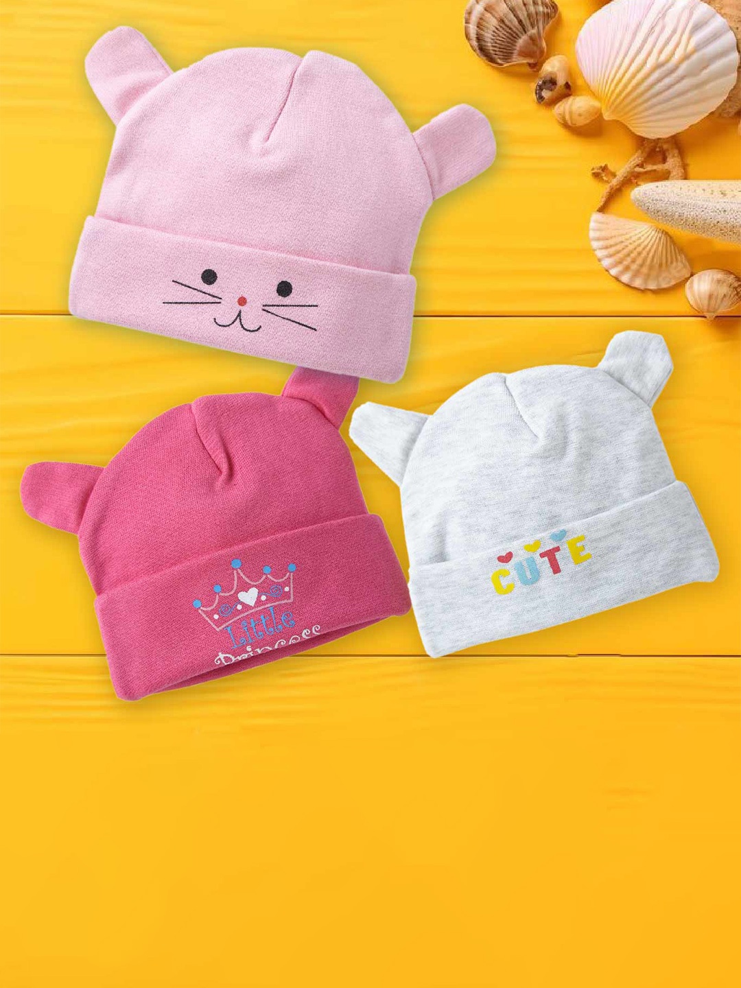 Babywish Infants Pack Of 3 Printed Cotton Beanies, Pink