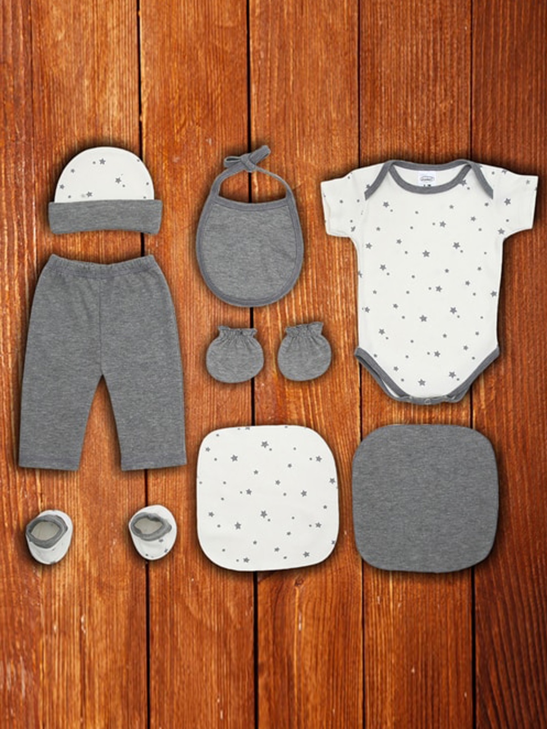 

Grandmas Infants 8-Pcs Pure Cotton Baby Apparel Gift Set, Grey