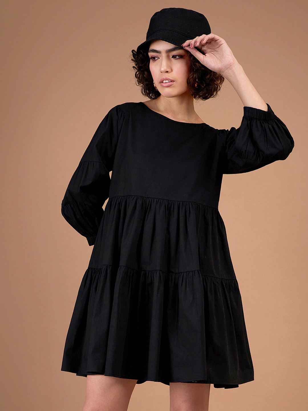 

SASSAFRAS Black Puff Sleeve Gathered Detail Cotton A-Line Dress