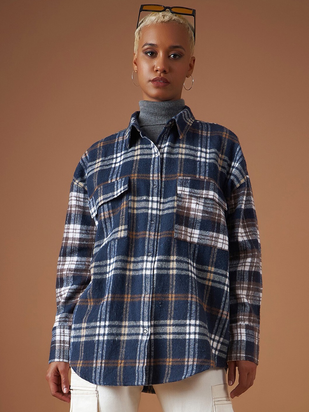 

SASSAFRAS Checked Classic Oversized Cotton Casual Shirt, Navy blue