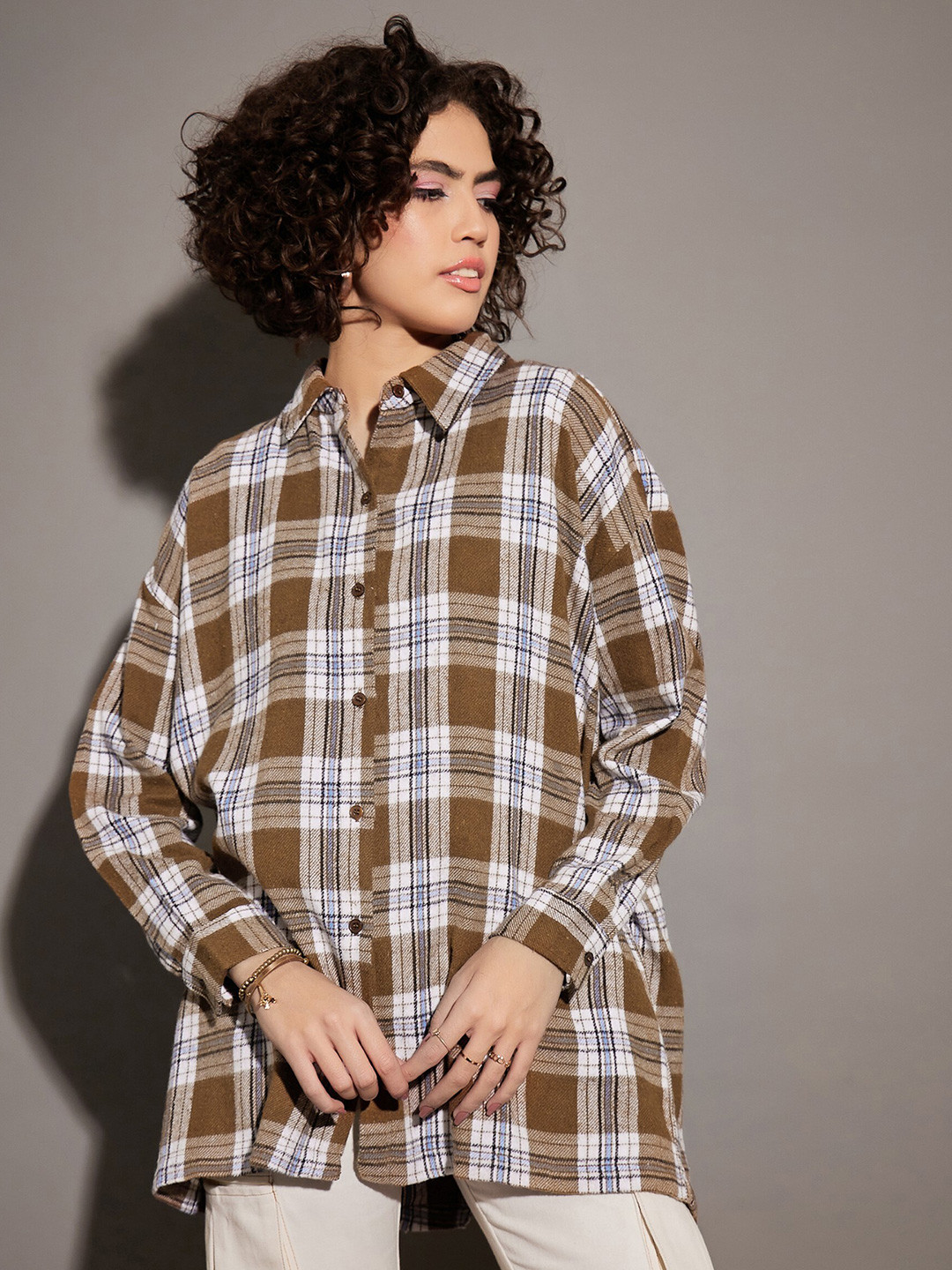 

SASSAFRAS Spread Collar Tartan Checked Oversized Casual Pure Cotton Shirt, Brown