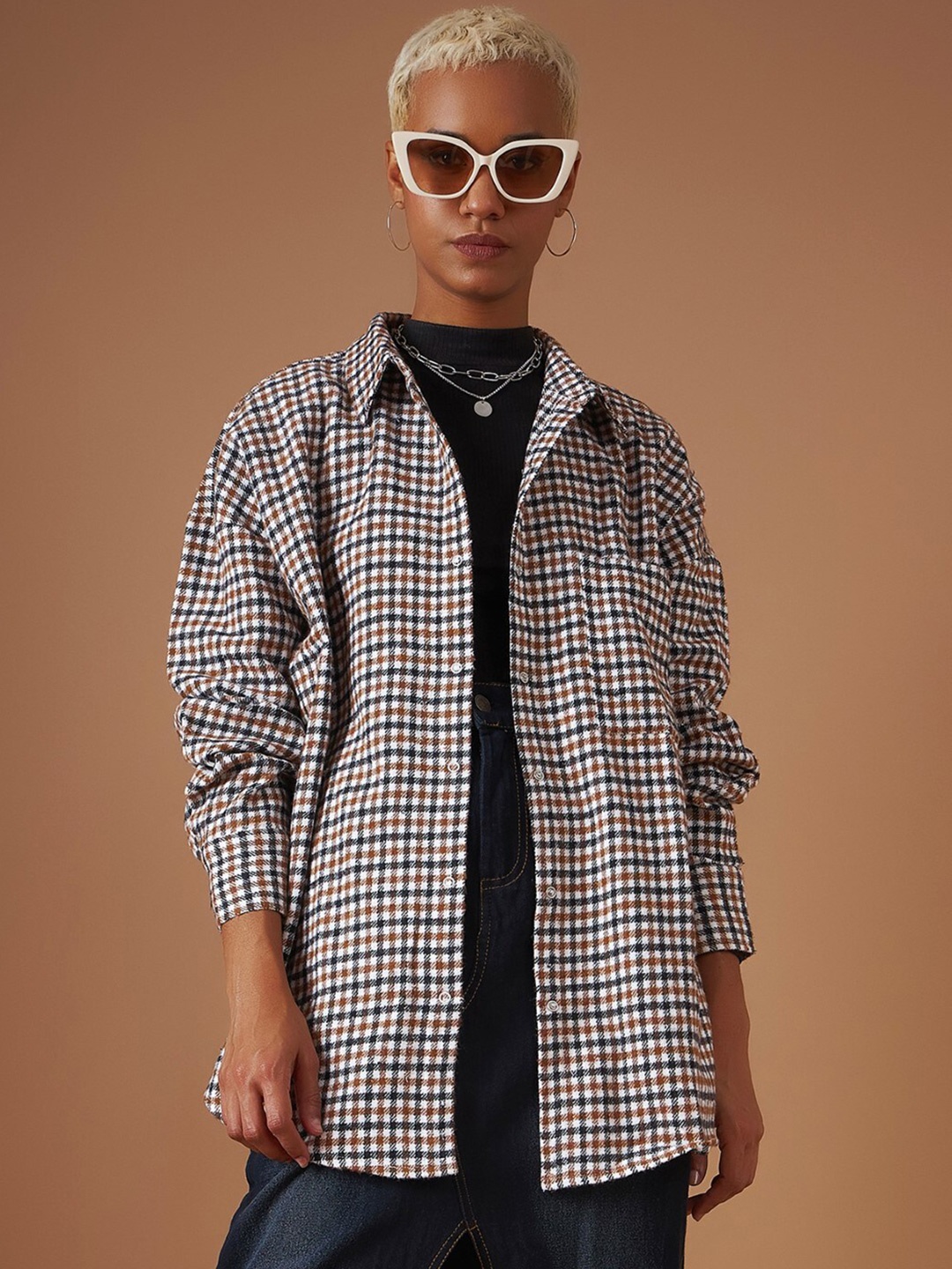 

SASSAFRAS Micro Checked Oversized Flannel Casual Pure Cotton Shacket, Brown