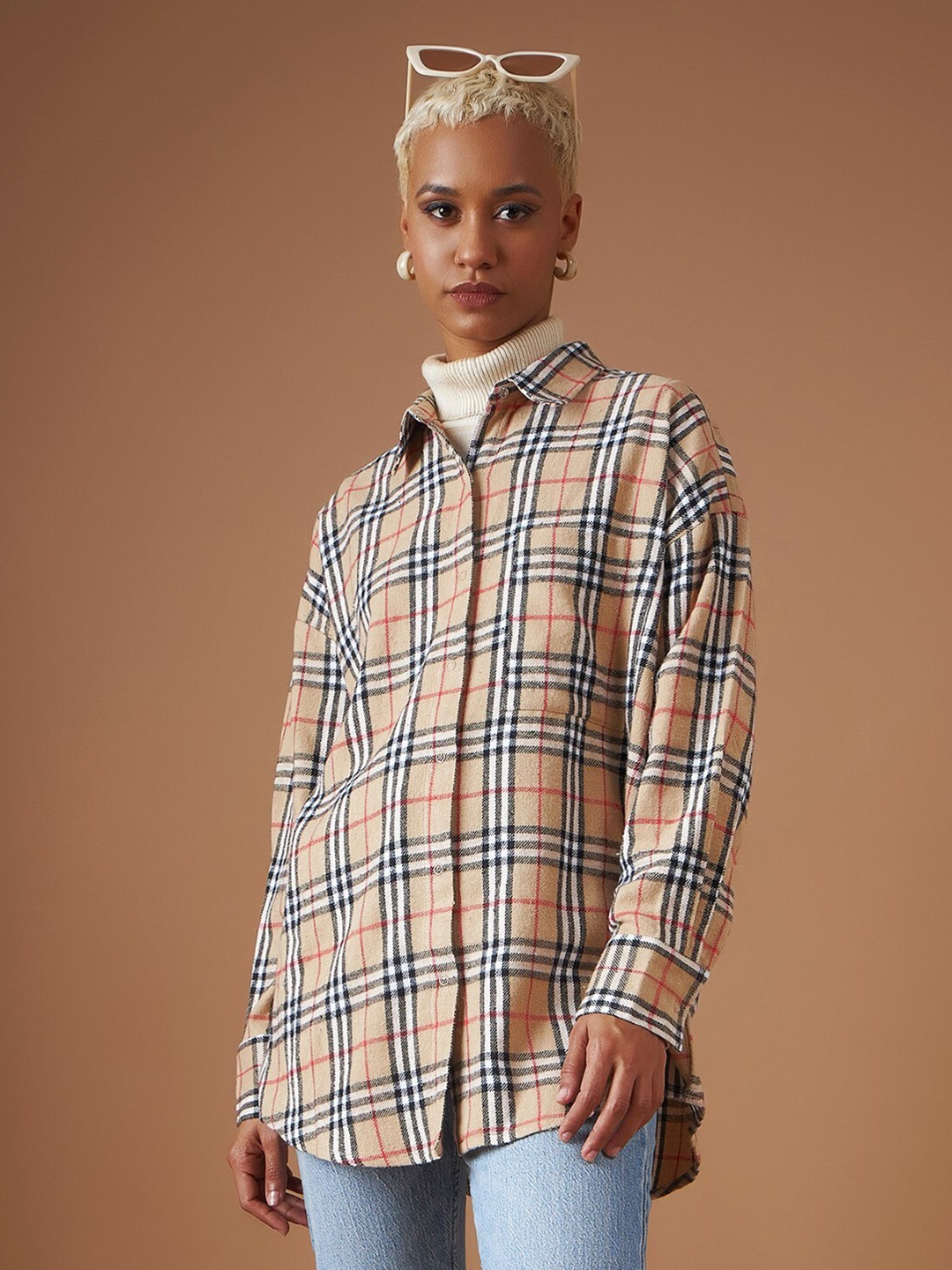 

SASSAFRAS Checked Classic Oversized Cotton Casual Shirt, Beige