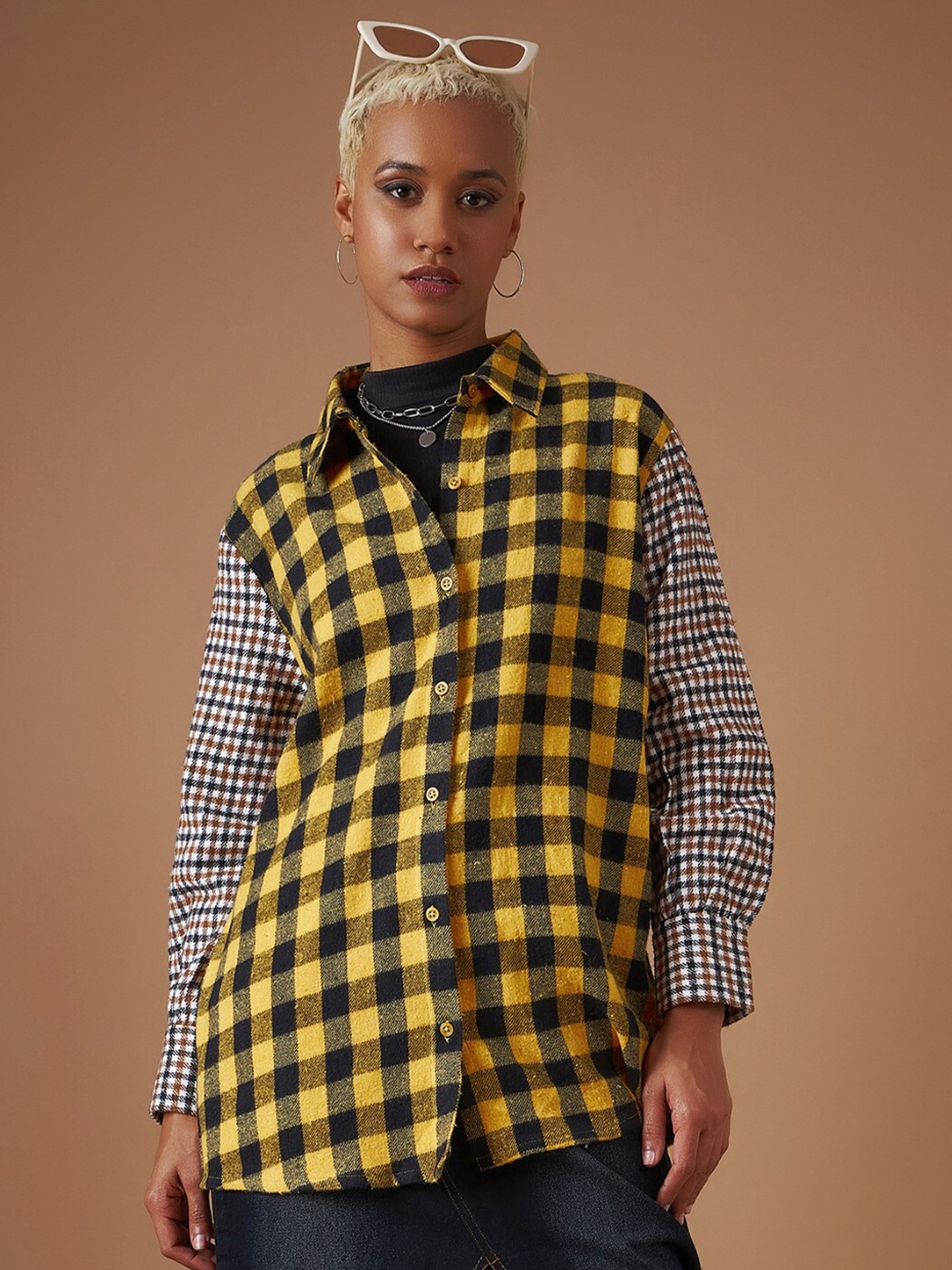 

SASSAFRAS Spread Collar Buffalo Checked Flannel Casual Pure Cotton Shacket, Yellow