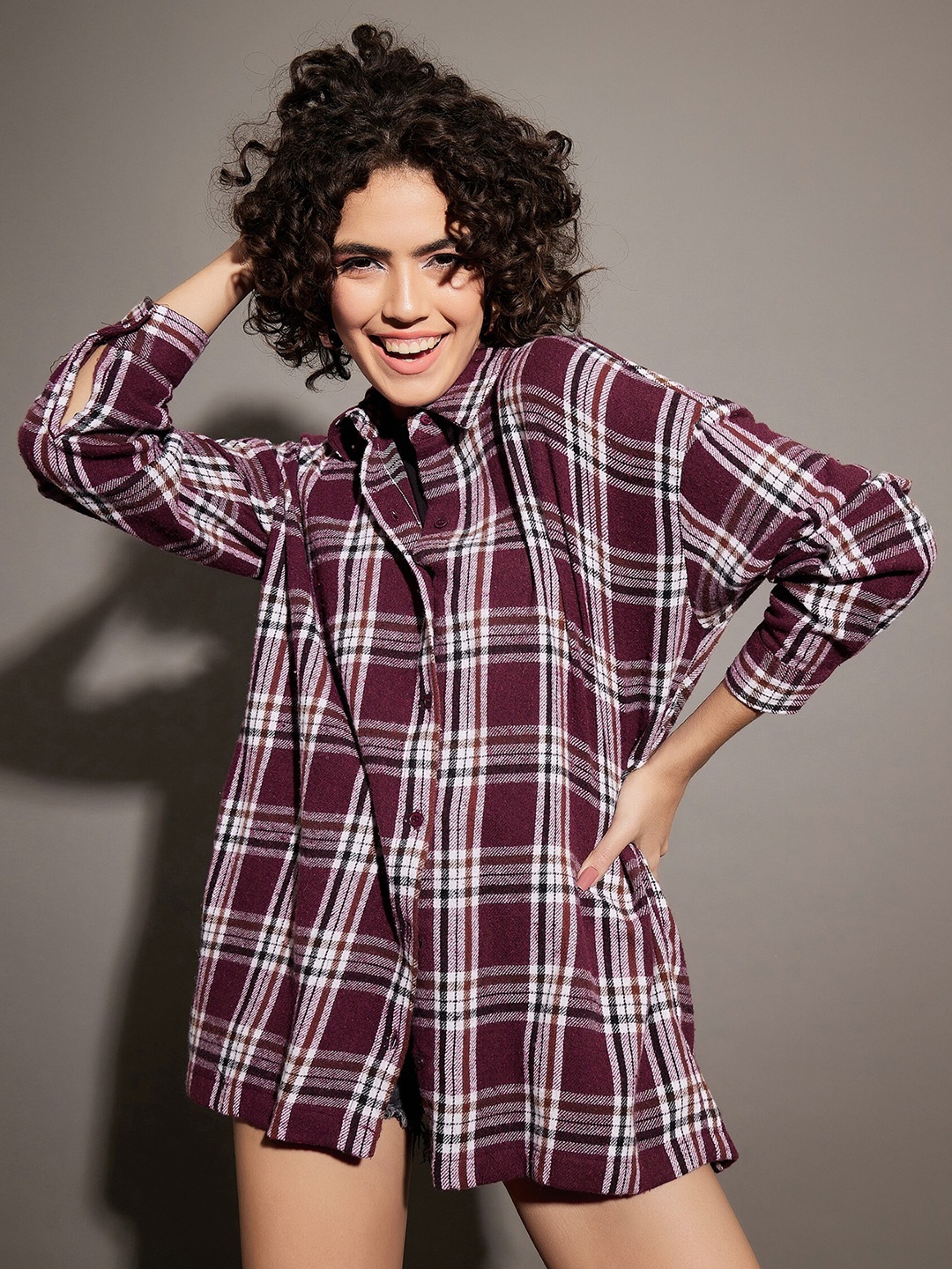 

SASSAFRAS Checked Classic Oversized Cotton Casual Shirt, Maroon