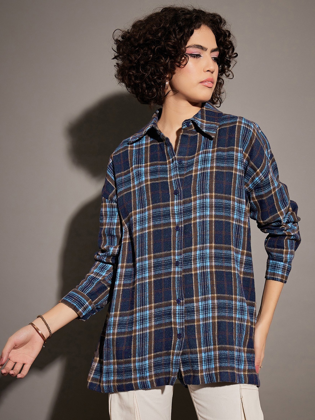 

SASSAFRAS Oversized Tartan Checks Cotton Casual Shirt, Blue