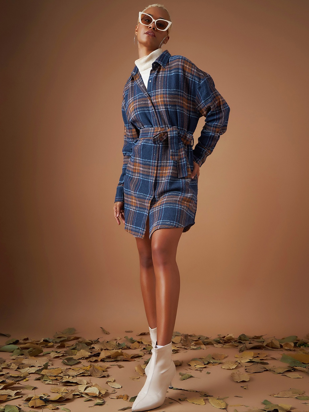 

SASSAFRAS Navy Blue Checked Shirt Collar Cuffed Sleeves Cotton Shirt Dress