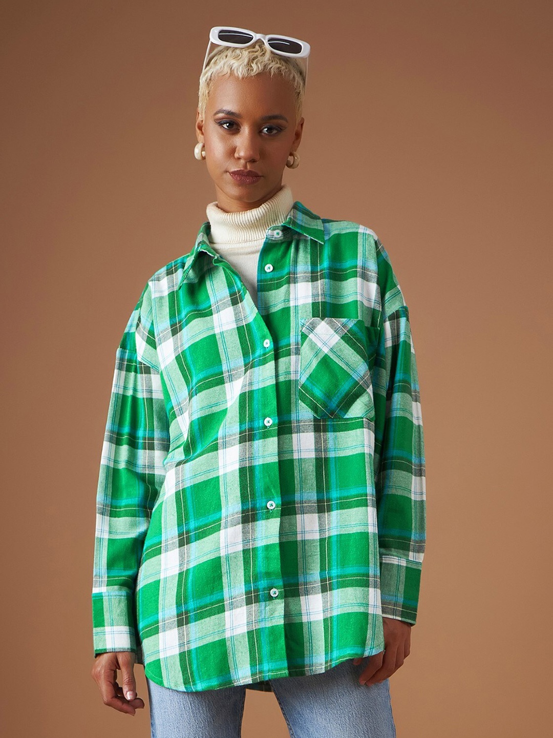 

SASSAFRAS Spread Collar Buffalo Checked Oversized Casual Pure Cotton Shacket, Green
