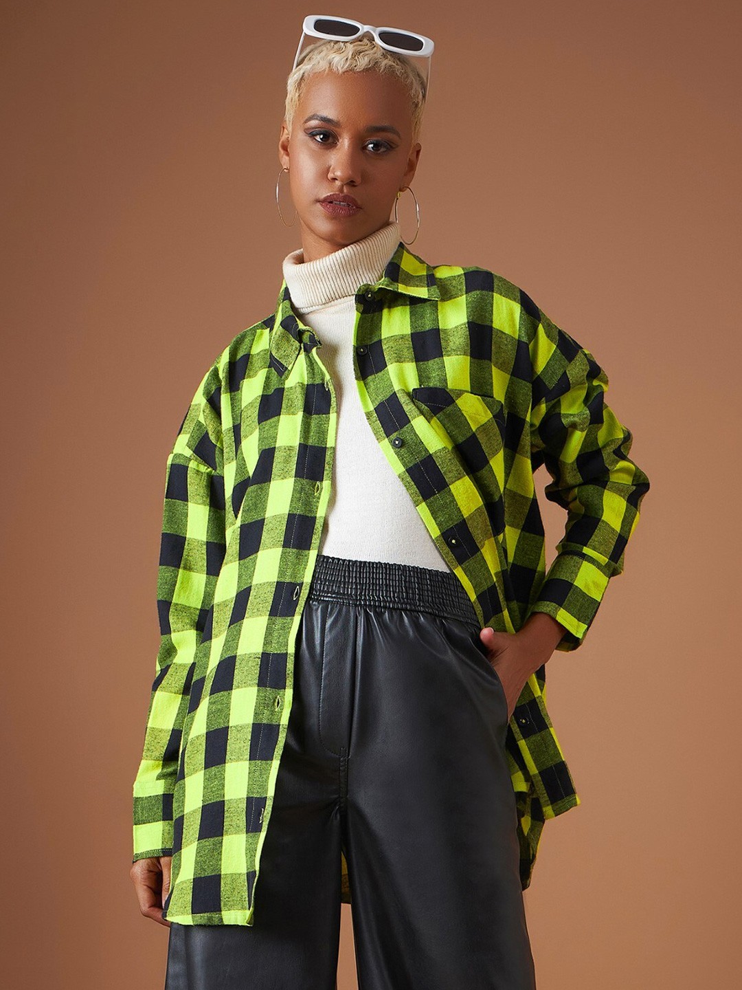 

SASSAFRAS Buffalo Checked Oversized Casual Pure Cotton Shacket, Green