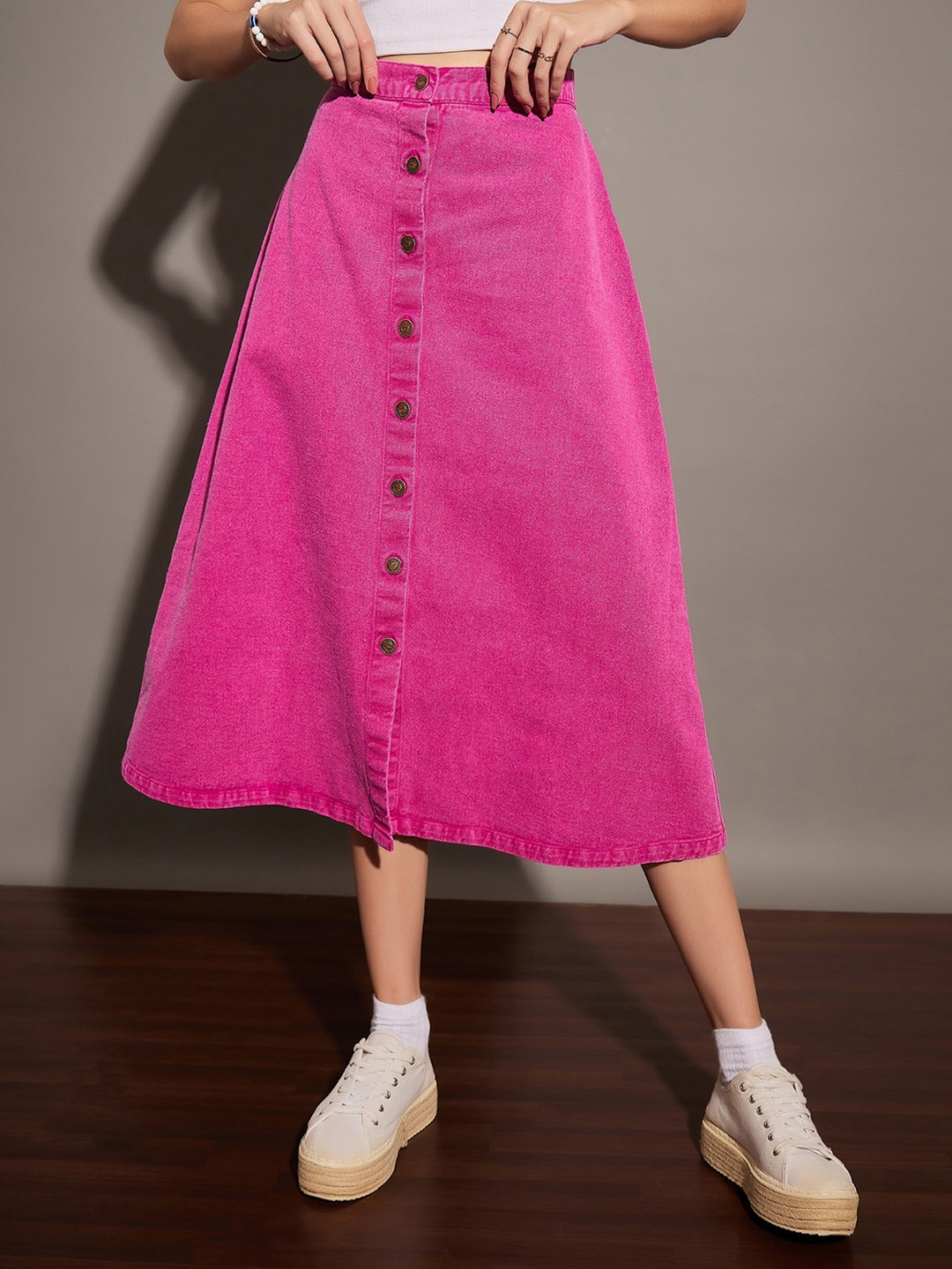 

SASSAFRAS Washed Denim A-Line Skirt, Pink