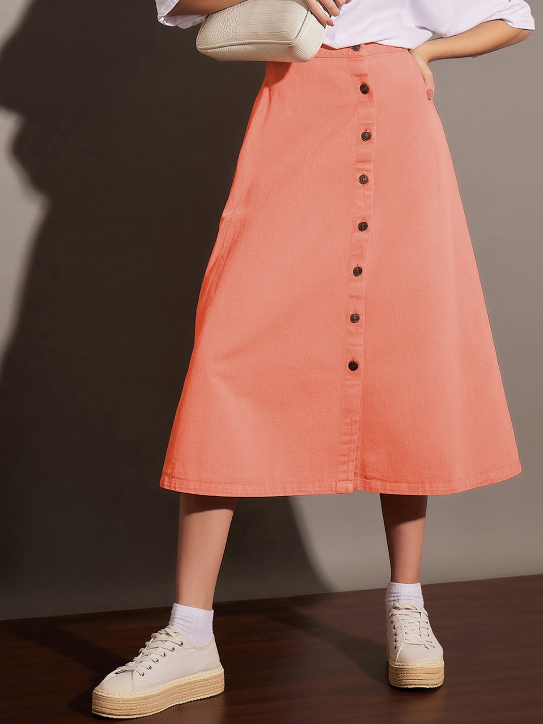 

SASSAFRAS Orange Denim A-Line Midi Skirt