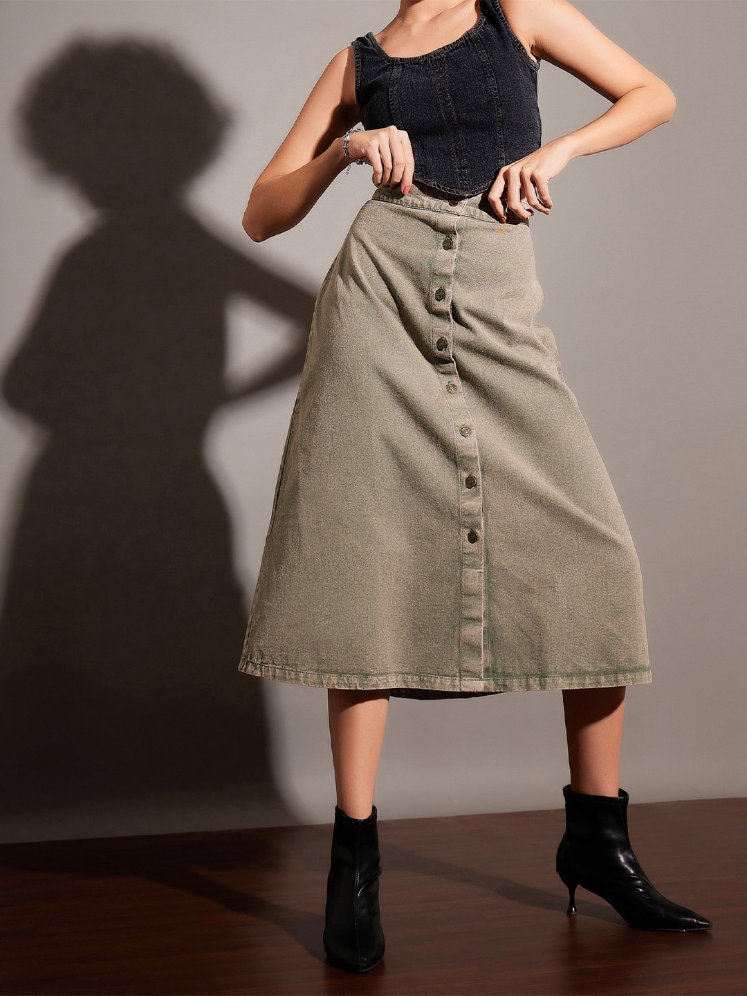 

SASSAFRAS Washed Denim A-Line Skirt, Beige
