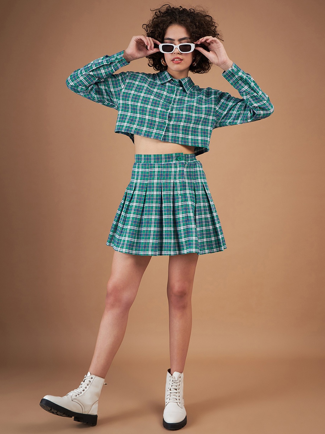 

SASSAFRAS Green Checked Pure Cotton Crop Shirt With Skirt