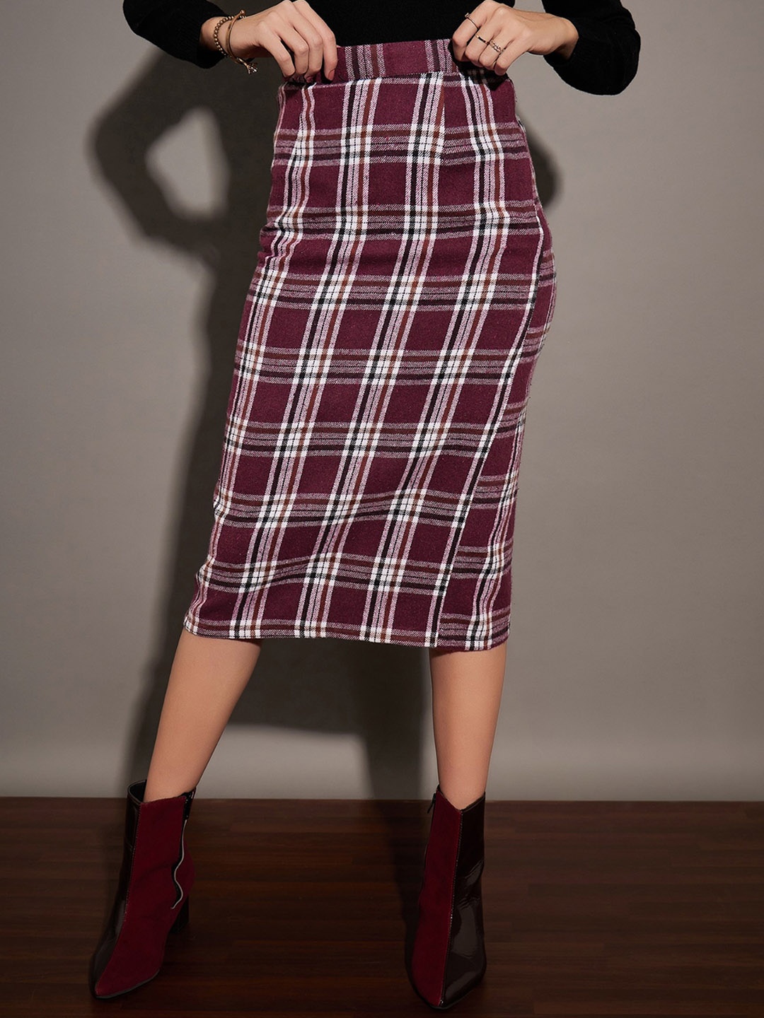 

SASSAFRAS Maroon Checked Pure Cotton Pencil Midi Skirt