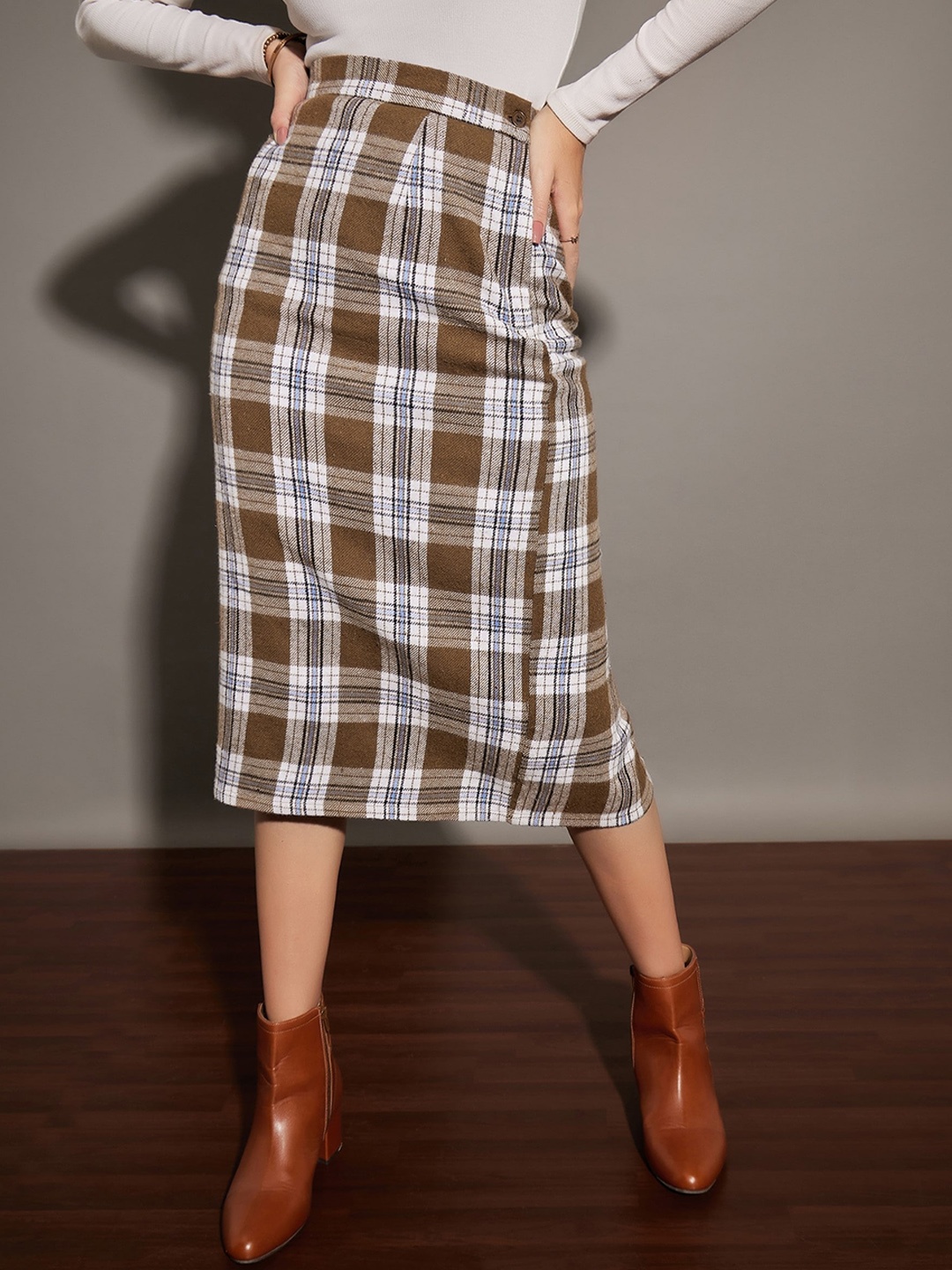 

SASSAFRAS Pure Cotton Checked Pencil Skirt, Brown