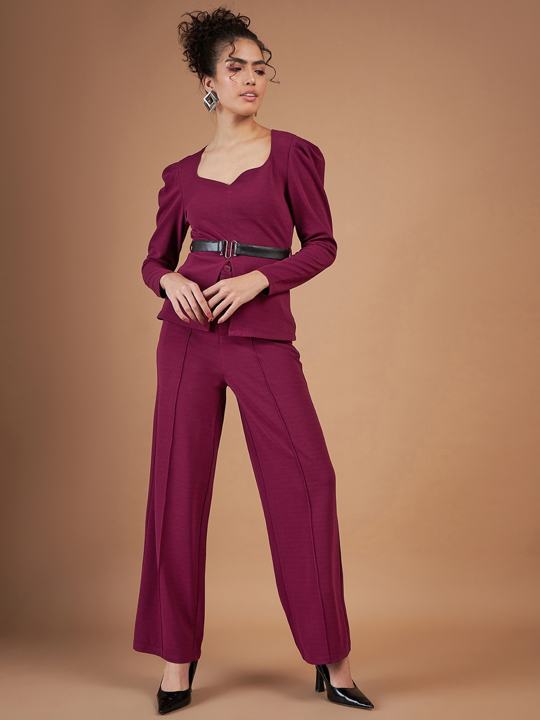 

SASSAFRAS Maroon Puffed Slevees Top With Trousers
