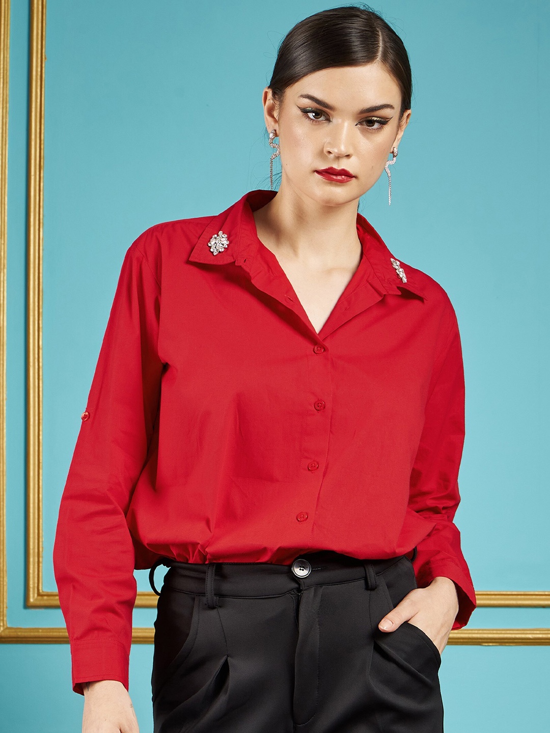 

SASSAFRAS Red Embellished Pure Cotton Party Shirt