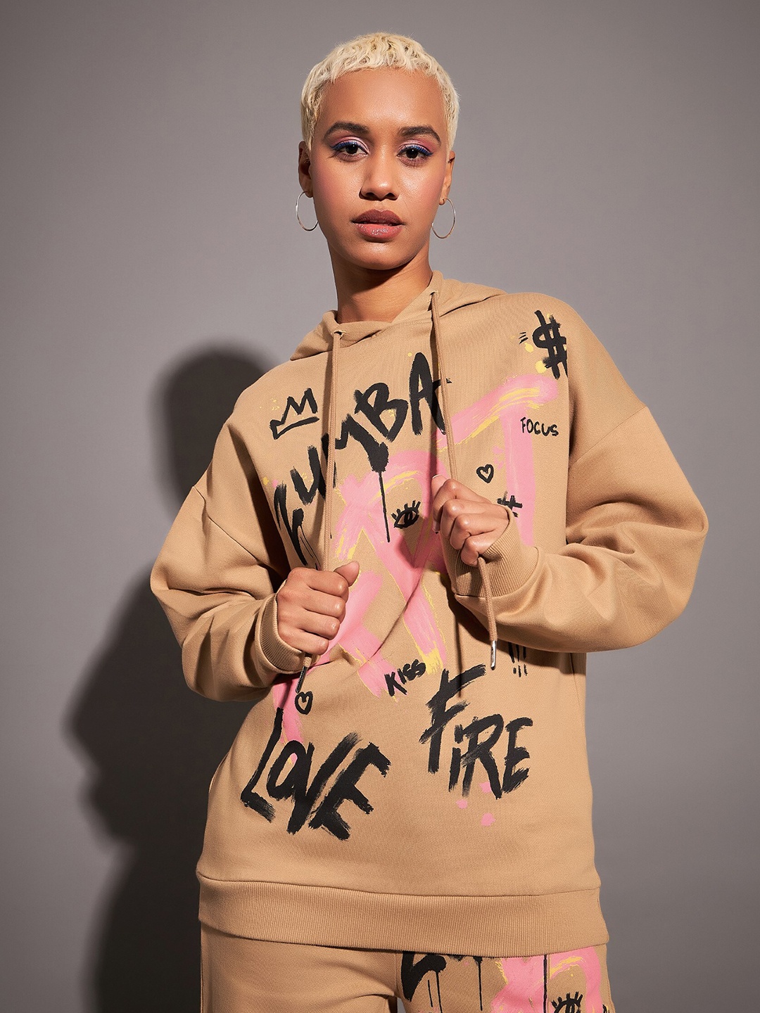 

SASSAFRAS Typography Printed Hooded Fleece Sweatshirt, Beige
