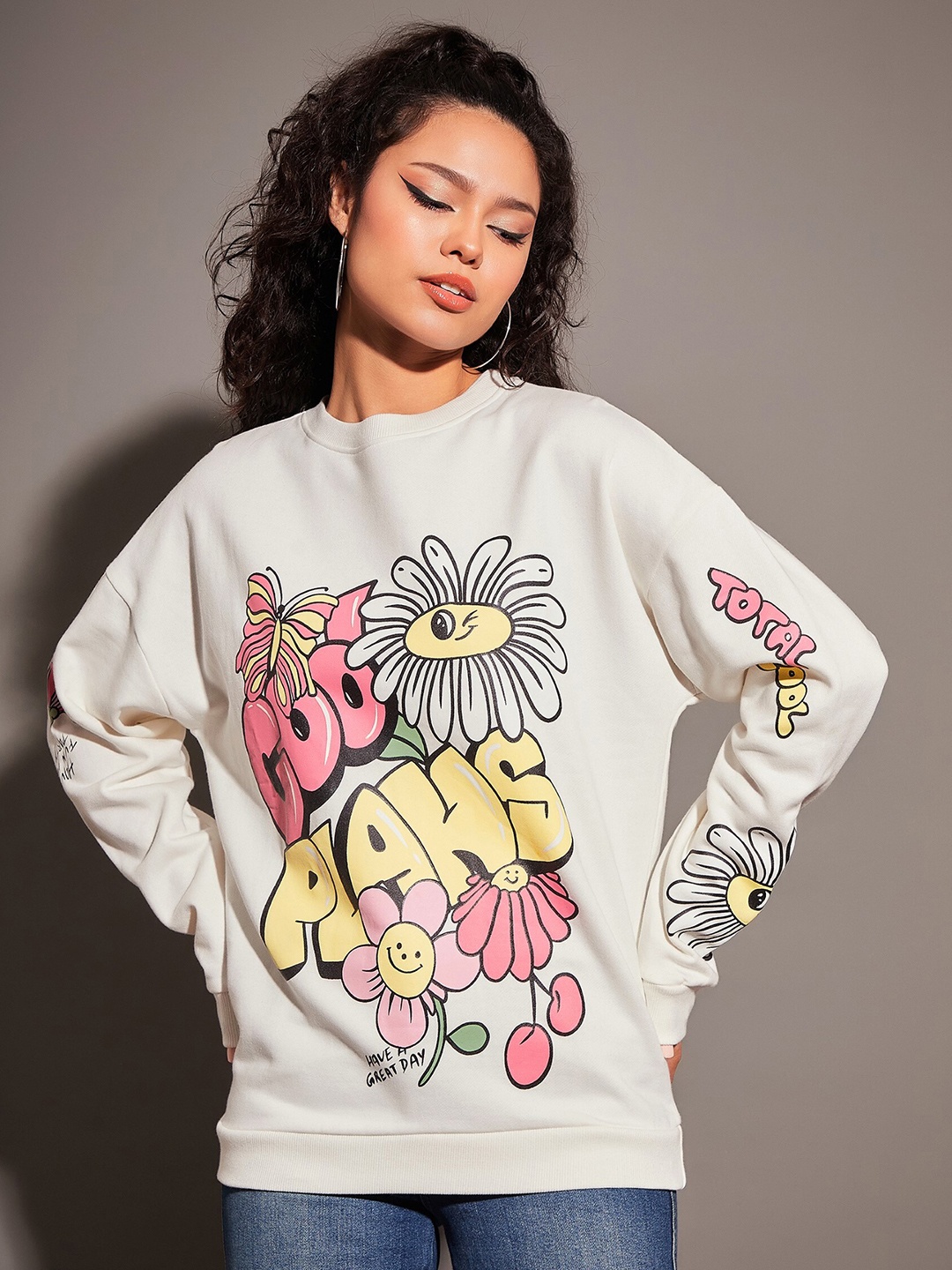 

SASSAFRAS Typography Printed Long Sleeves Oversized Cotton Sweatshirt, Off white