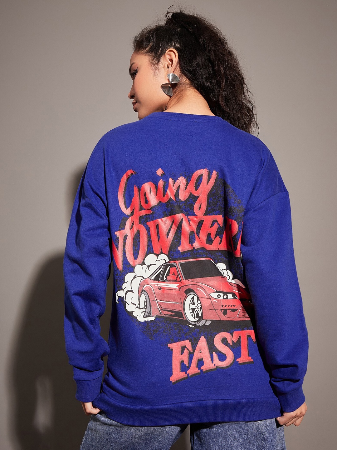 

SASSAFRAS Typography Printed Long Sleeves Oversized Fleece Sweatshirt, Blue