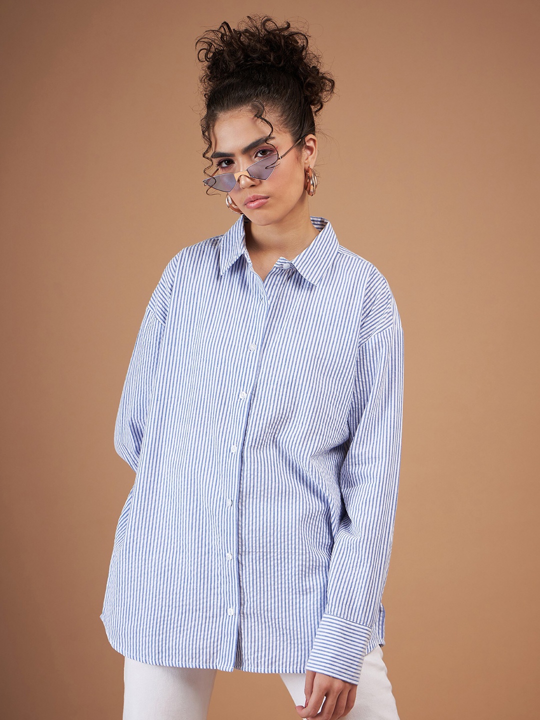 

SASSAFRAS Spread Collar Striped Oversized Casual Pure Cotton Shirt, White