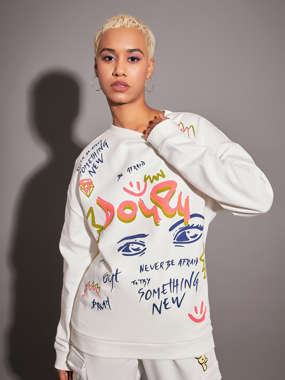 

SASSAFRAS Typography Printed Long Sleeve Fleece Oversized Pullover Sweatshirt, Off white