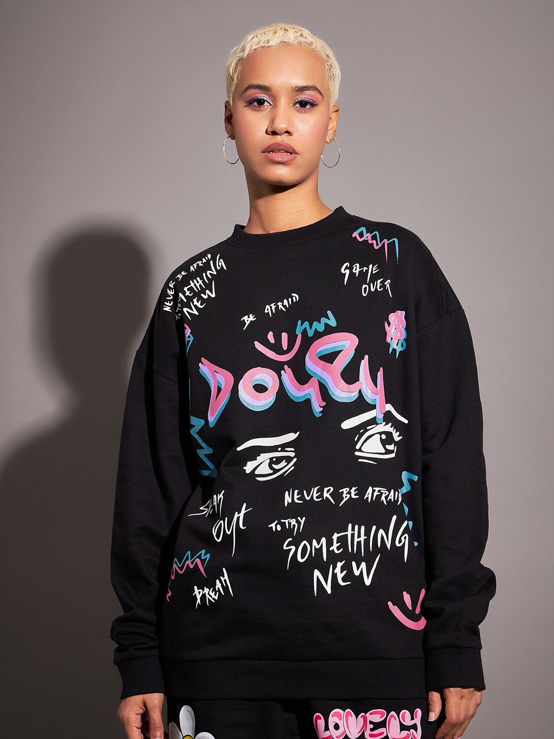 

SASSAFRAS Typography Printed Long Sleeves Oversized Fleece Sweatshirt, Black