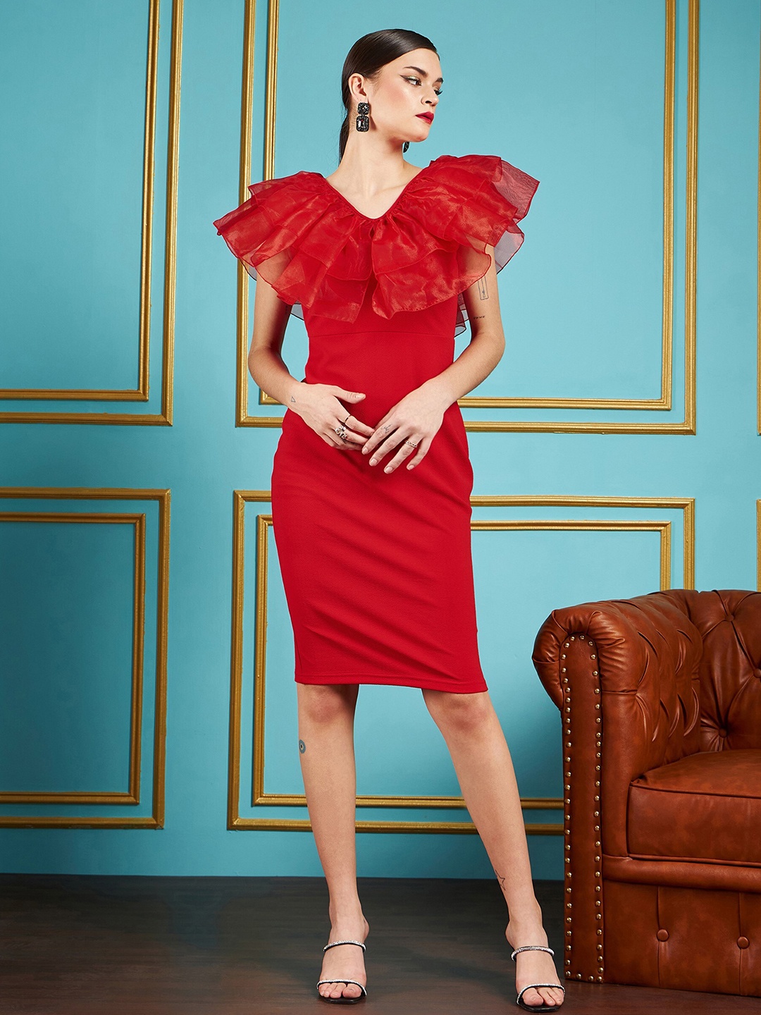 

SASSAFRAS Red V-Neck Flutter Sleeve Ruffles Detail Sheath Dress