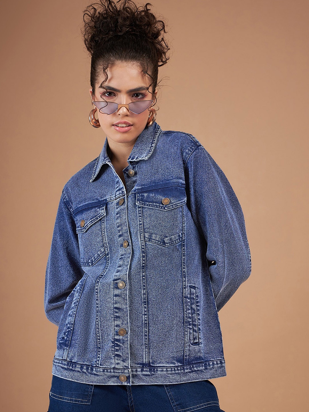 

SASSAFRAS Blue Washed Spread Collar Denim Jacket, Navy blue