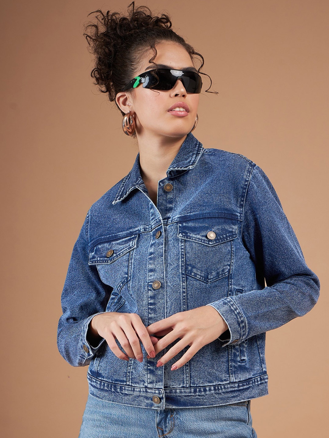 

SASSAFRAS Blue Washed Spread Collar Denim Jacket, Navy blue