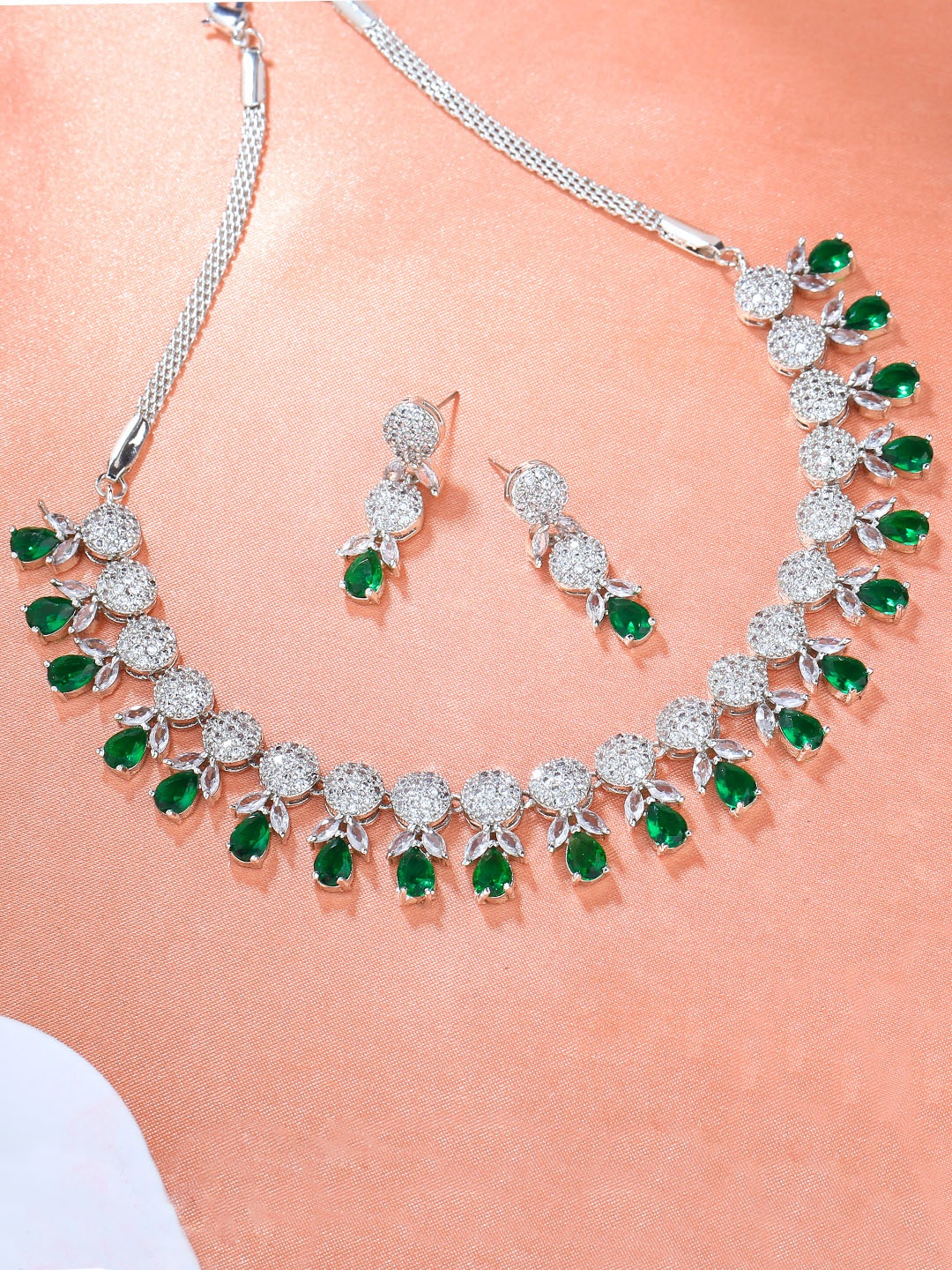 

Estele Rhodium-Plated CZ-Studded Jewellery Set, Green