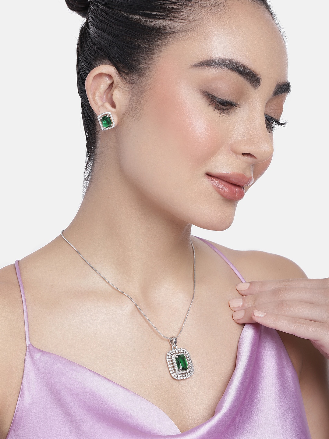

Estele Rhodium-Plated Cubic Zirconia Stone Studded Jewellery Set, Silver