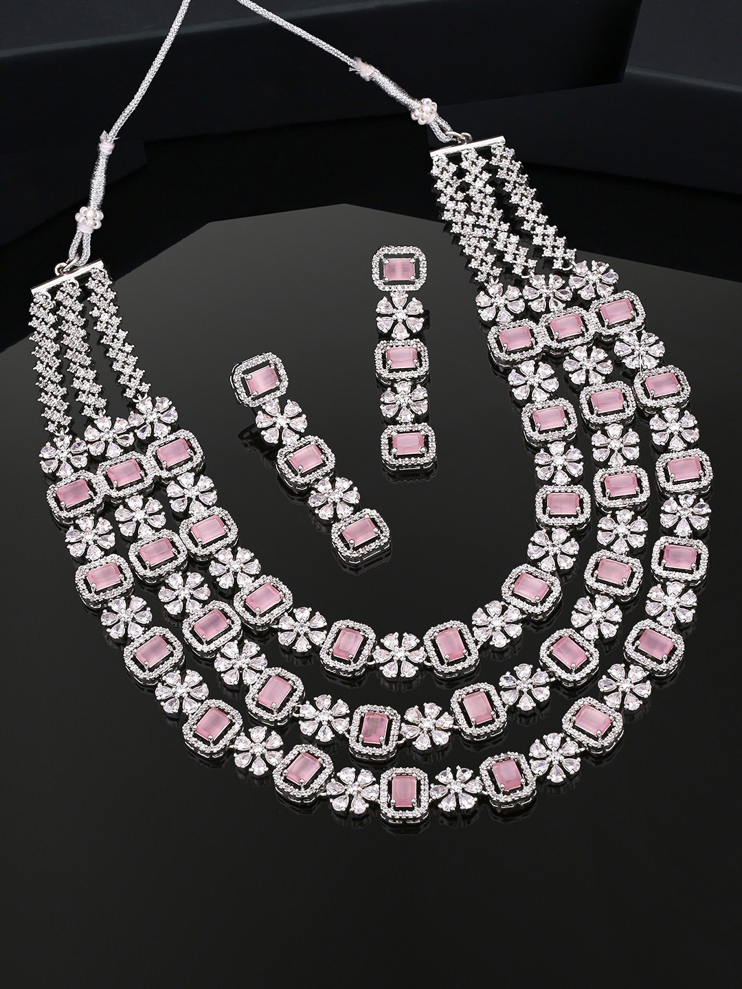 

Estele Rhodium-Plated Cubic Zirconia Studded Layered Jewellery Set, Silver